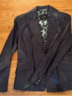 Laundry By Shelli Segal Blue Leather Blazer with Leopard-Print Lining